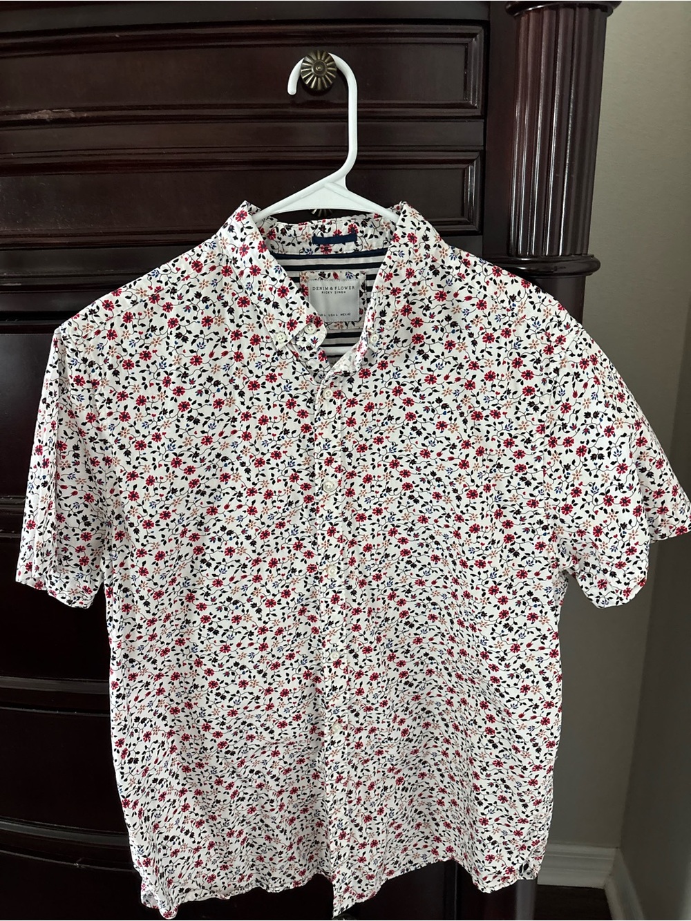 Denim & Flower White Short-Sleeve Button-Down with Red Floral Print
